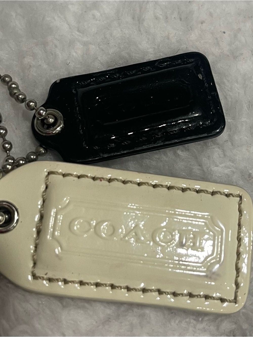 Coach Patent Leather Double Tag Keychain in Black & Cream